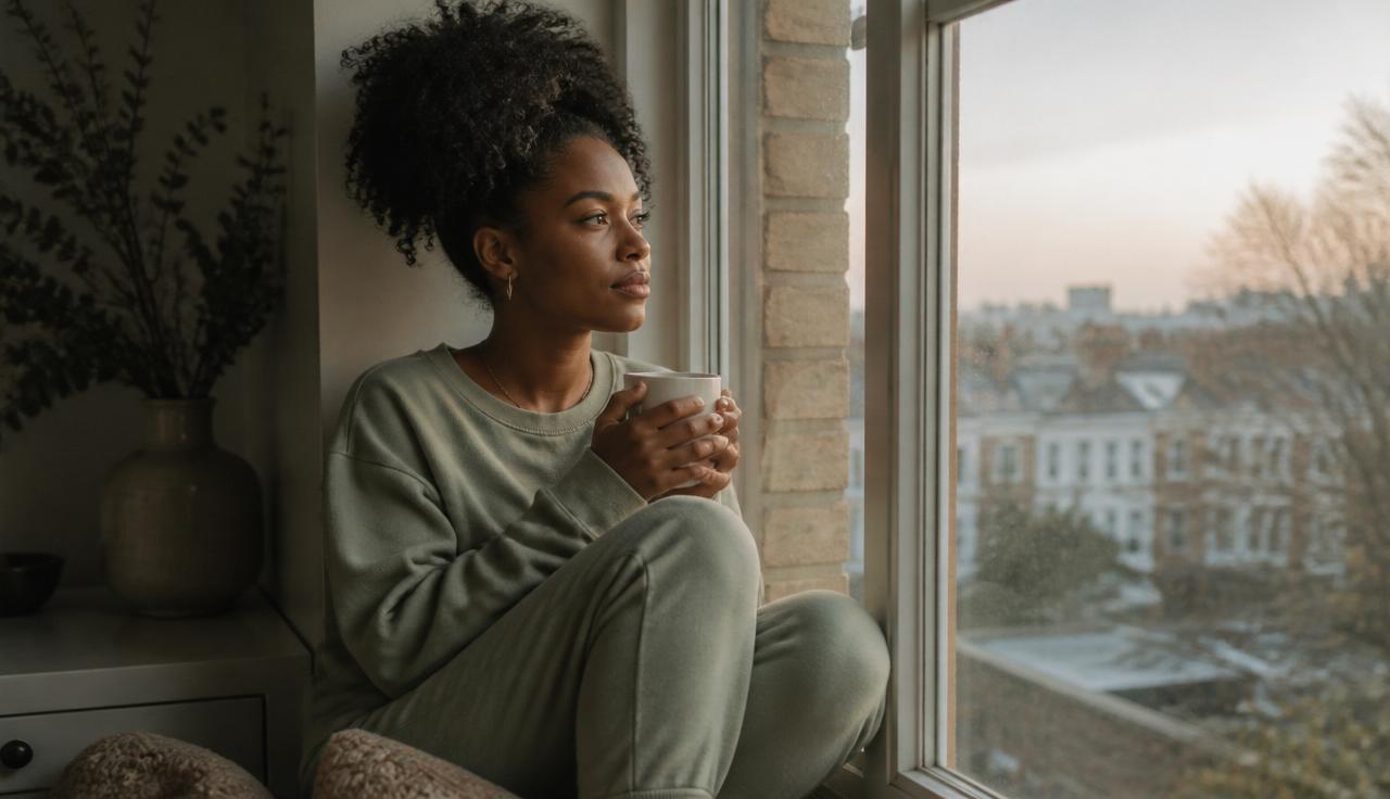 Afro-English woman in soft green loungewear sitting on a windowsill at dawn, holding a warm mug and gazing out the window