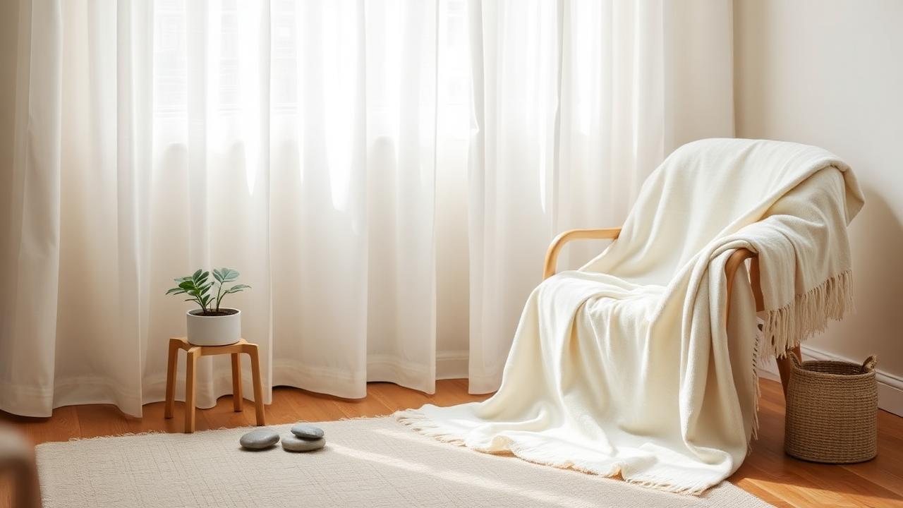 A quiet sensory-friendly corner with a draped blanket, smooth stones, small plant, and soft morning light through sheer curtains