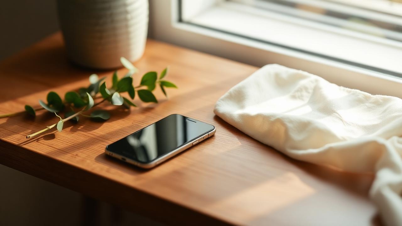 A smartphone resting on a wooden table beside a sprig of green leaves in soft morning light