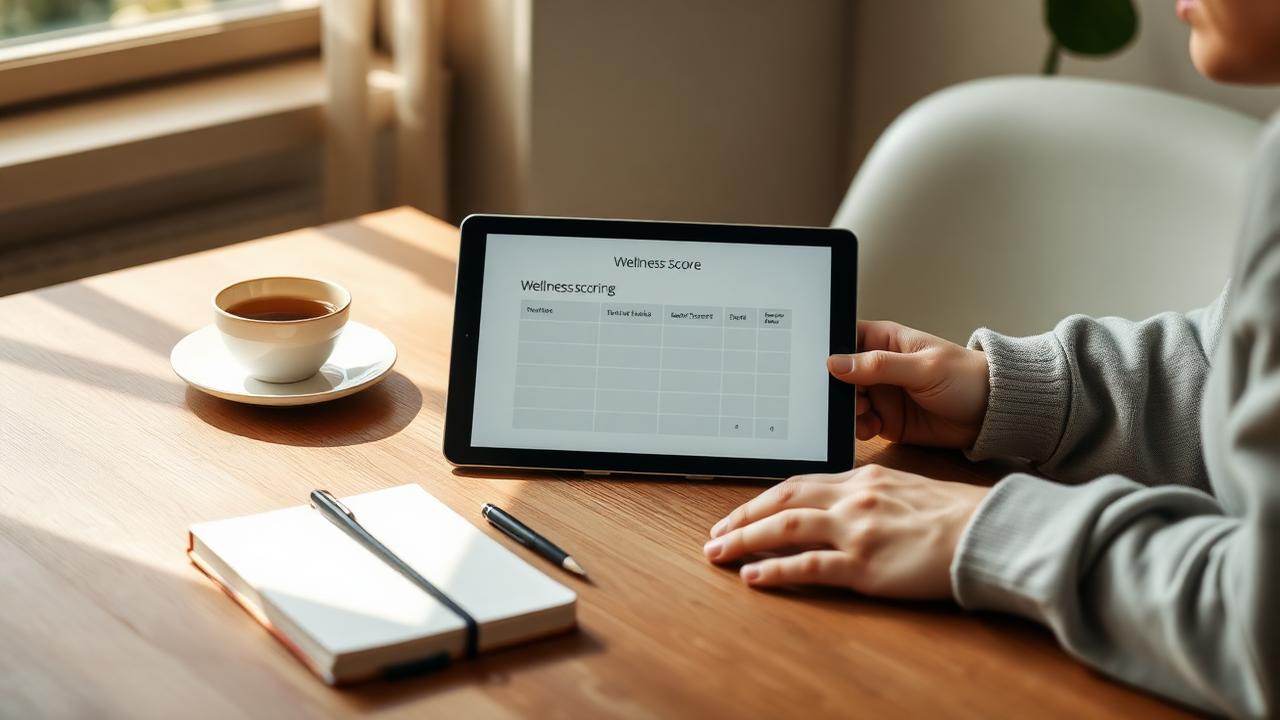 A person at a wooden table reviewing a simple wellness score chart on a tablet beside a notebook and a cup of tea