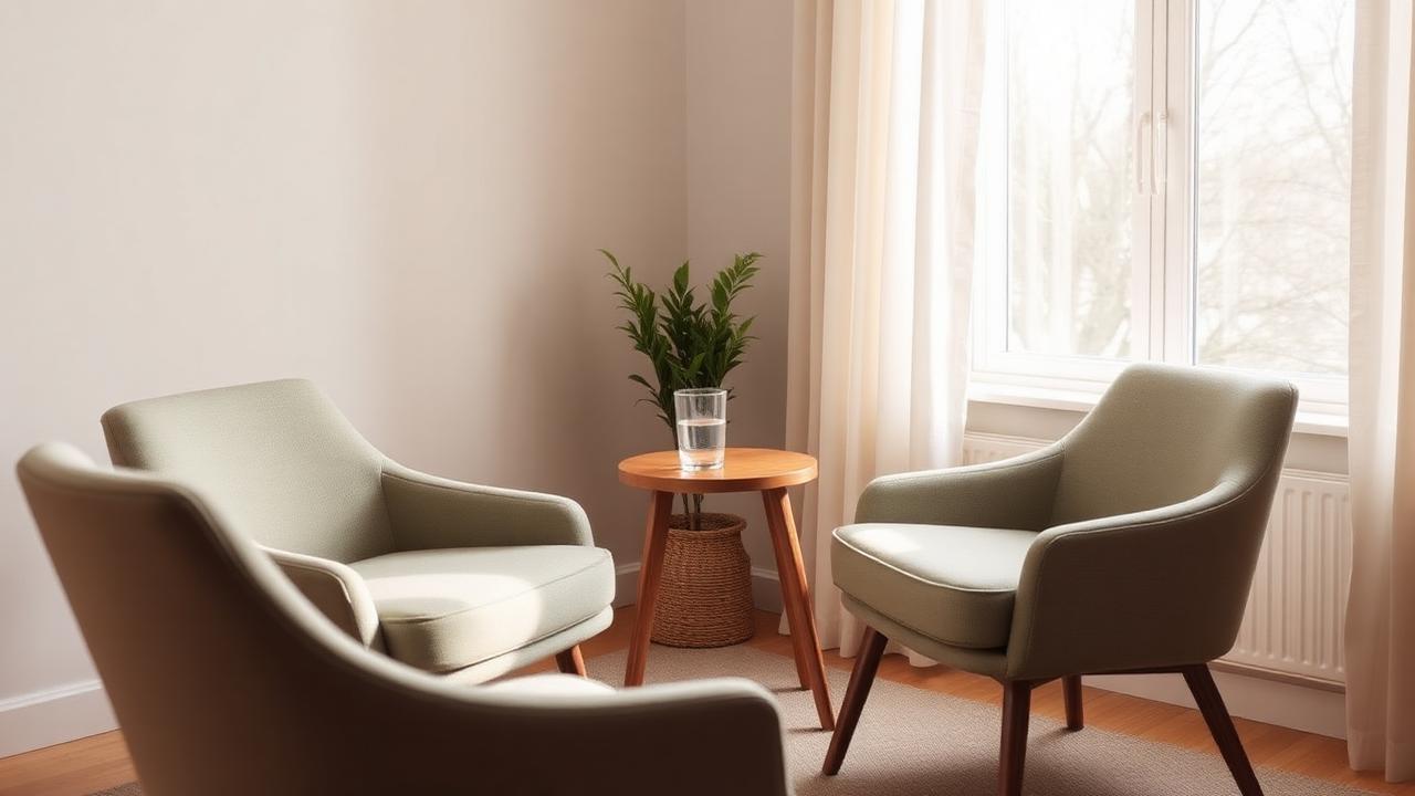 Two calm sage-green chairs facing each other in a softly lit therapy room with a small wooden table between them