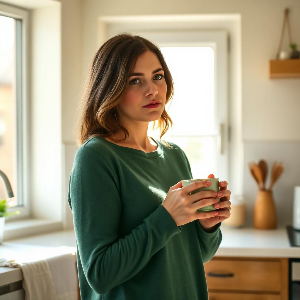 A woman in a green jumper holding a warm mug in a sunlit kitchen, thoughtful expression