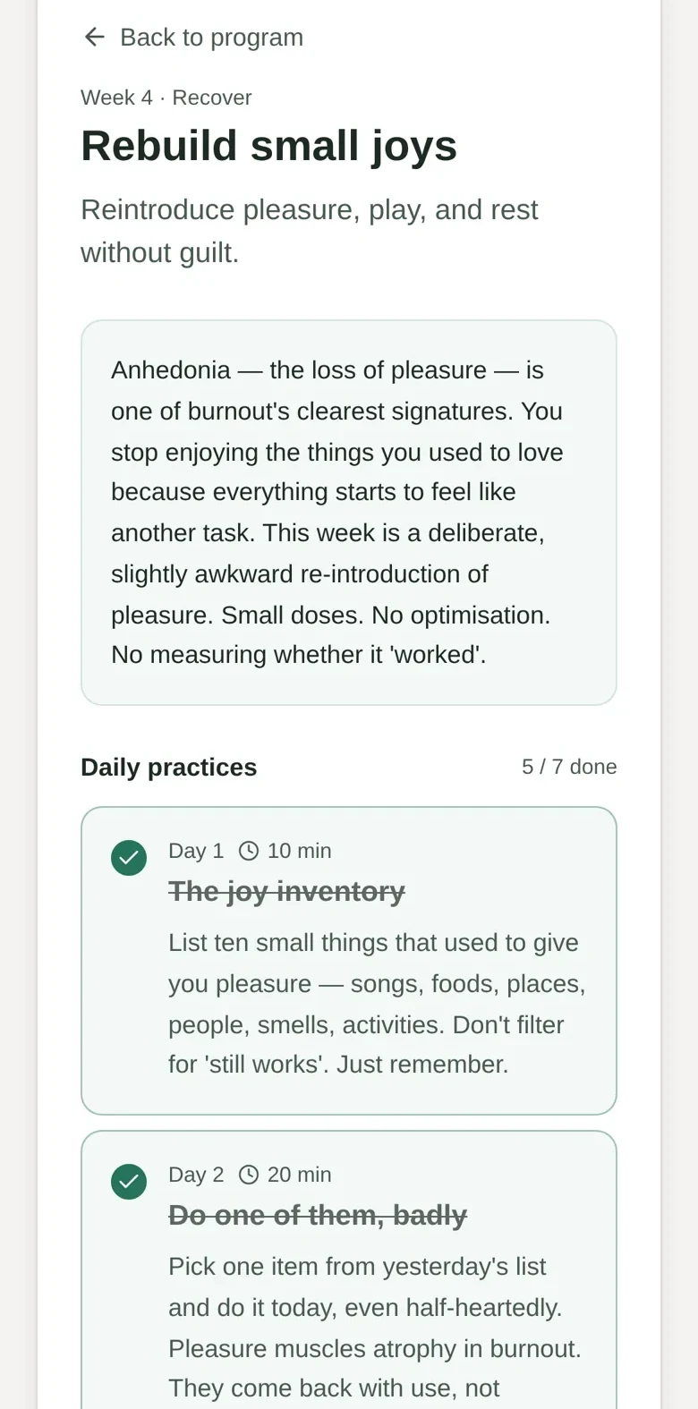 Burnout Coach week four screen, Rebuild small joys, showing five of seven daily practices ticked off