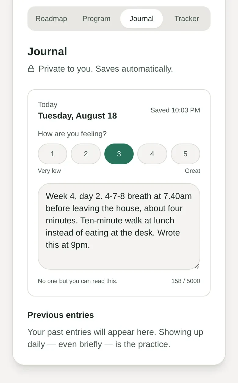 Burnout Coach private journal screen with a mood scale, a short example note and the saved state