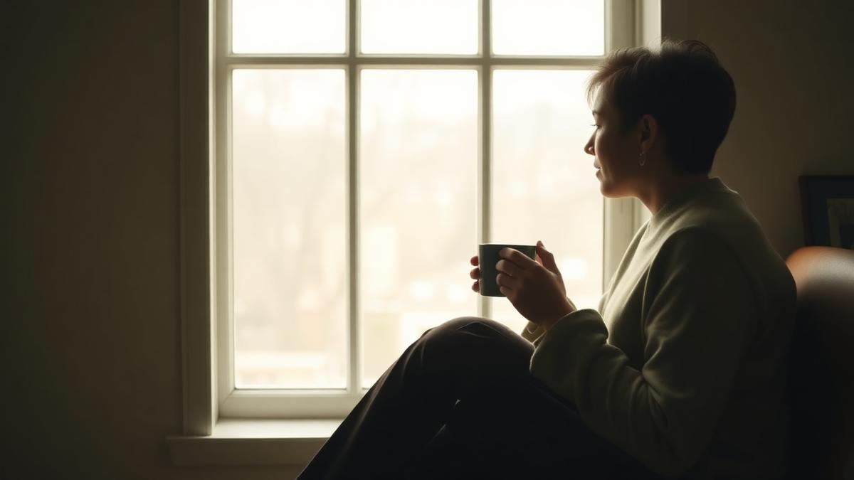 A person sitting quietly by a window with a mug of tea in soft morning light