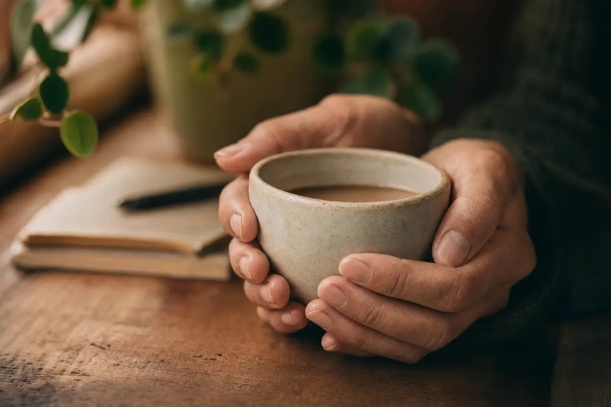 Hands wrapped around a warm coffee cup — a slower kind of attention
