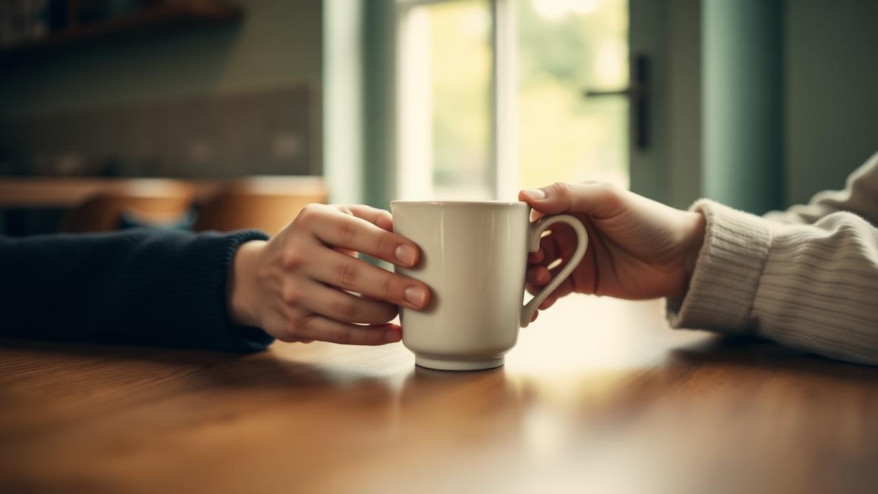 Two hands holding a warm mug across a table in soft natural light