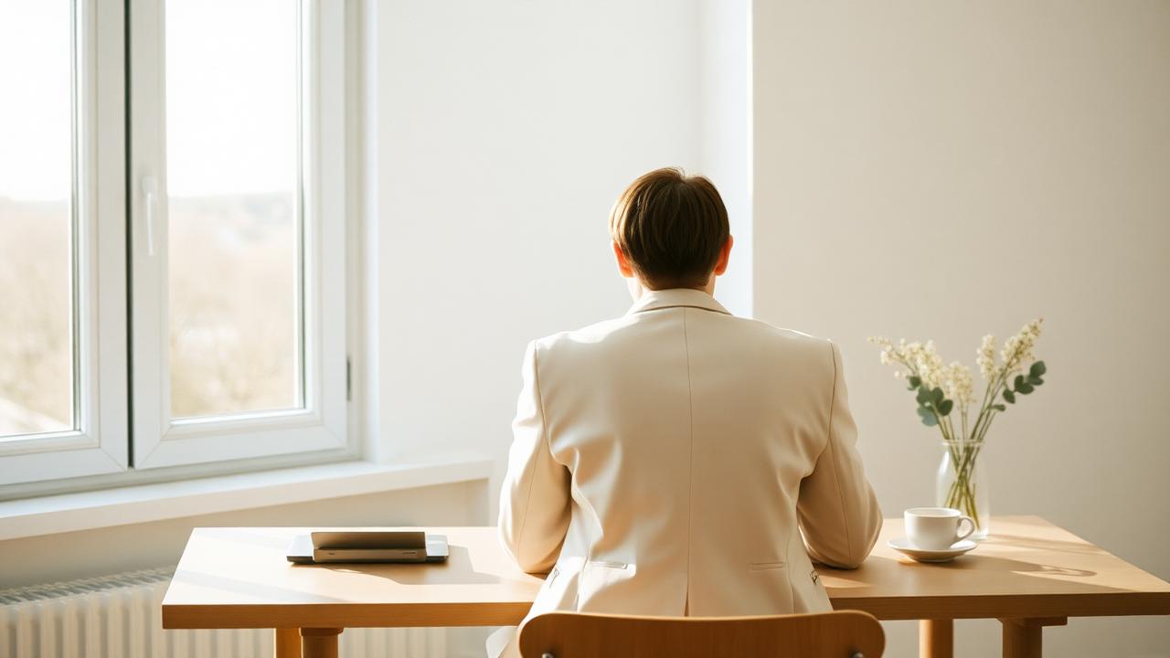 Person in a cream blazer sitting at a calm desk by a large window in soft morning light