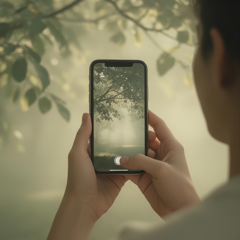 Hands holding a phone framing a quiet view of soft green leaves in morning light