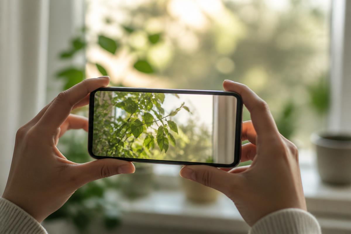 Hands holding a smartphone framing soft green leaves in morning window light