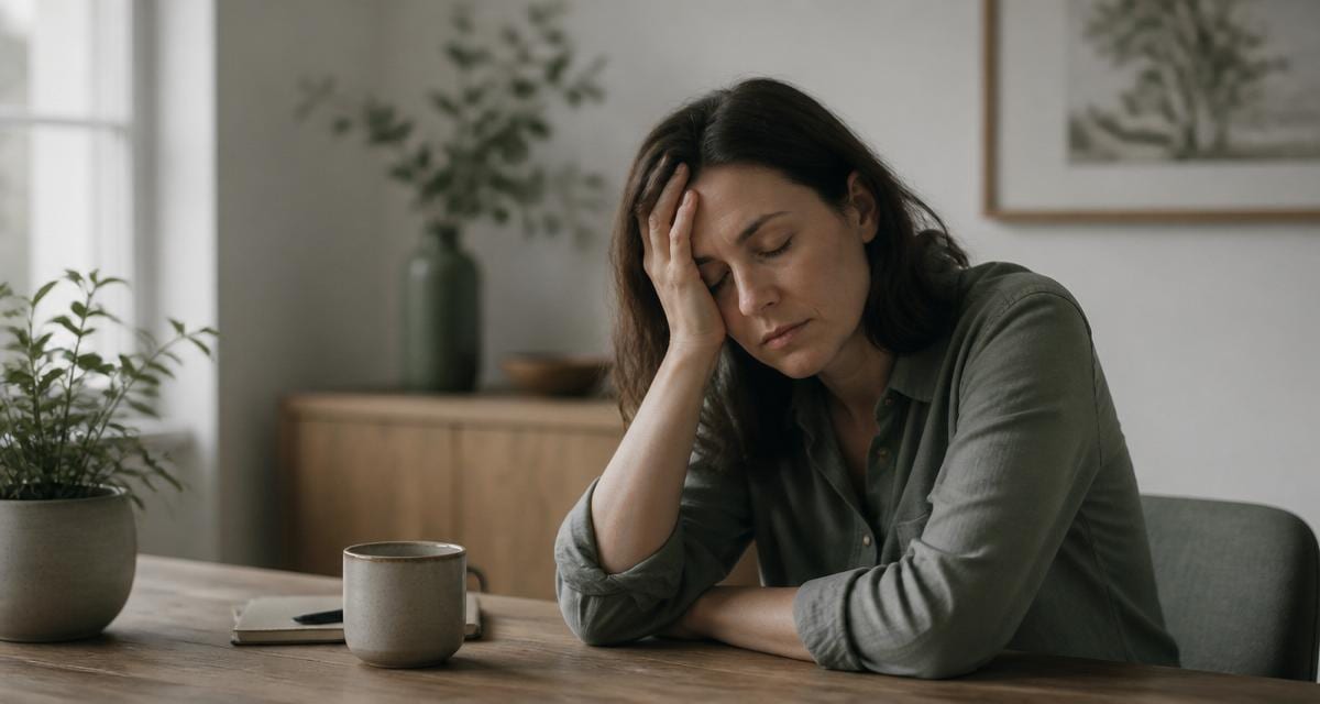 A woman sitting at a wooden table with her head resting in her hand, looking exhausted, with a mug and notebook nearby