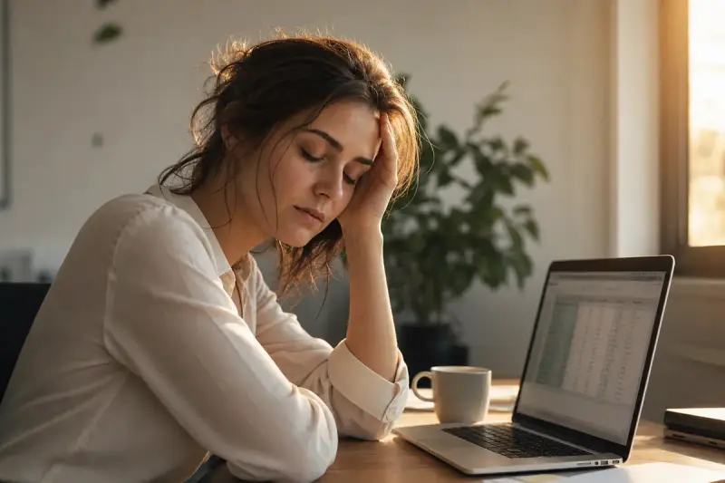 A tired woman resting her head on her hand at a desk beside her laptop — a moment of burnout during the working day