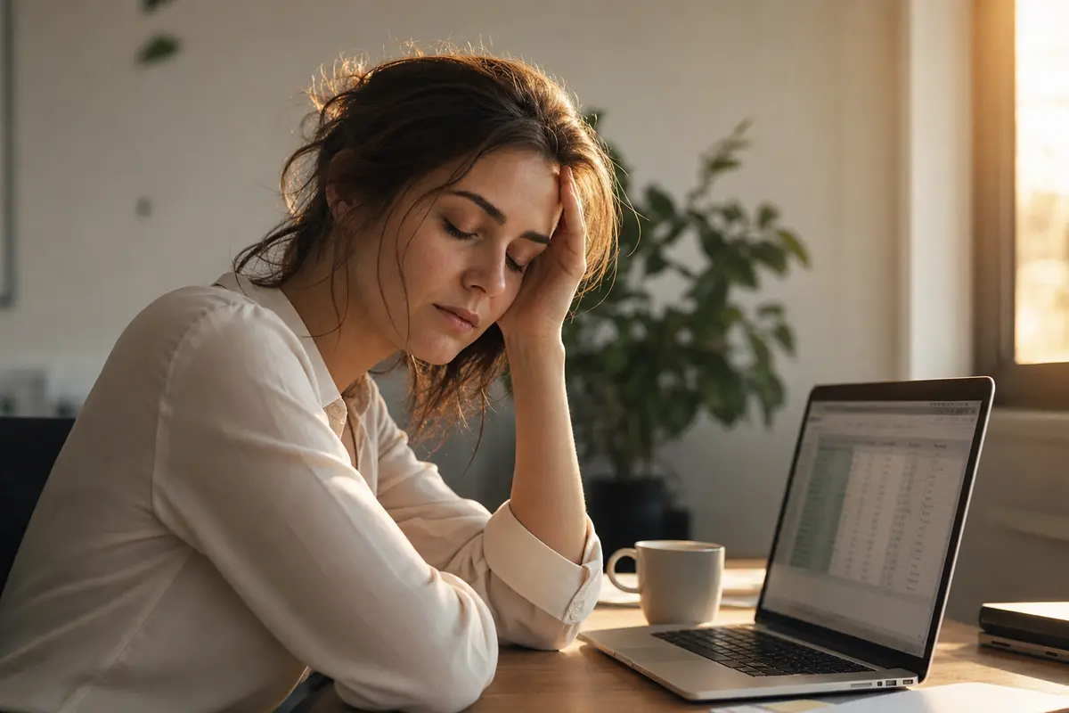 A woman pausing at her desk, eyes closed, hand to her temple
