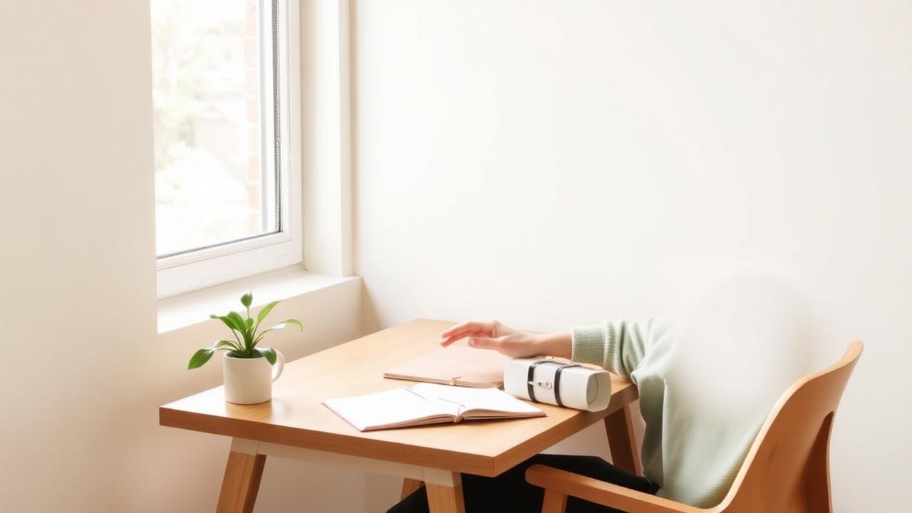 A calm workspace with a wooden desk, small green plant, open notebook, and soft natural light from a window