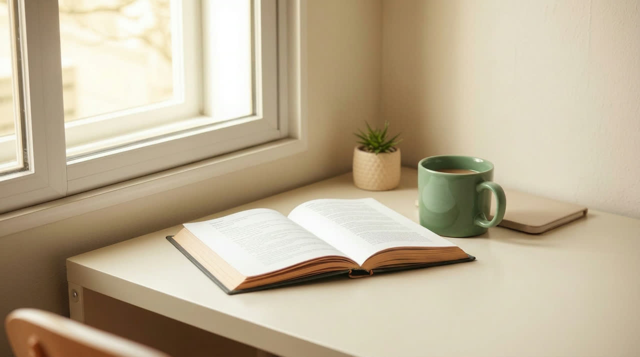 An open notebook, a small plant and a sage green mug on a calm desk by a window