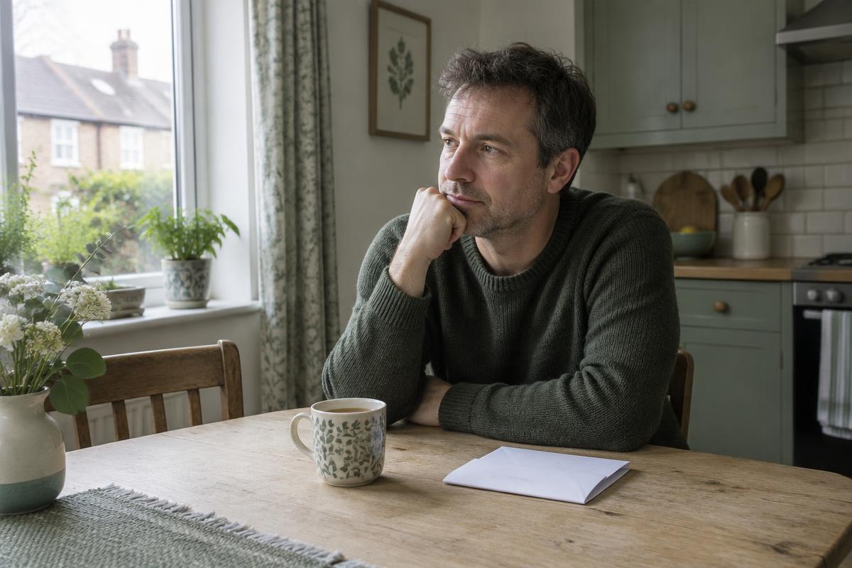A man in a green jumper sitting at a kitchen table with a mug of tea and a folded letter, looking out of the window
