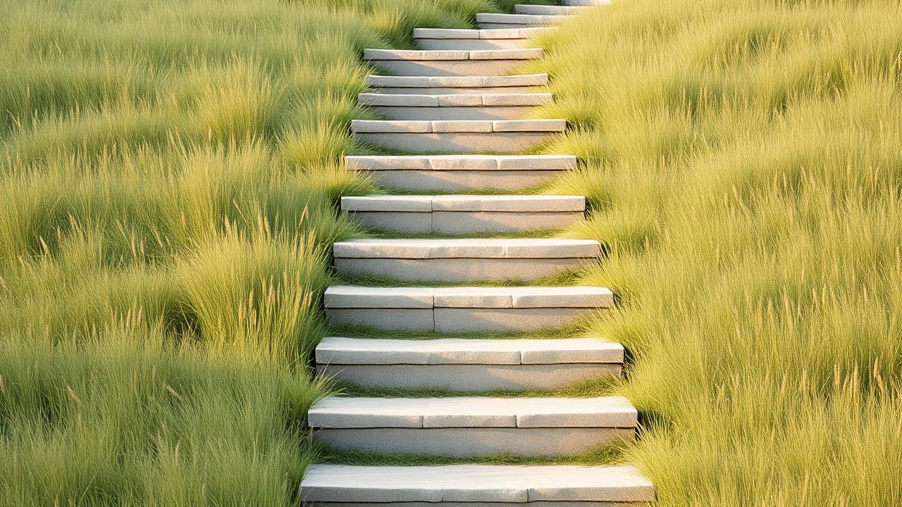 Sunlit stone steps ascending through soft meadow grass at golden hour