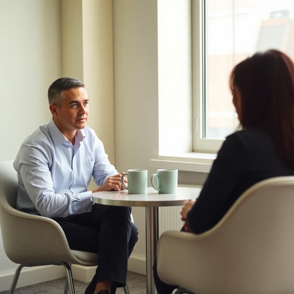 An employee and their manager talking across a small table with two mugs, soft natural light through a window