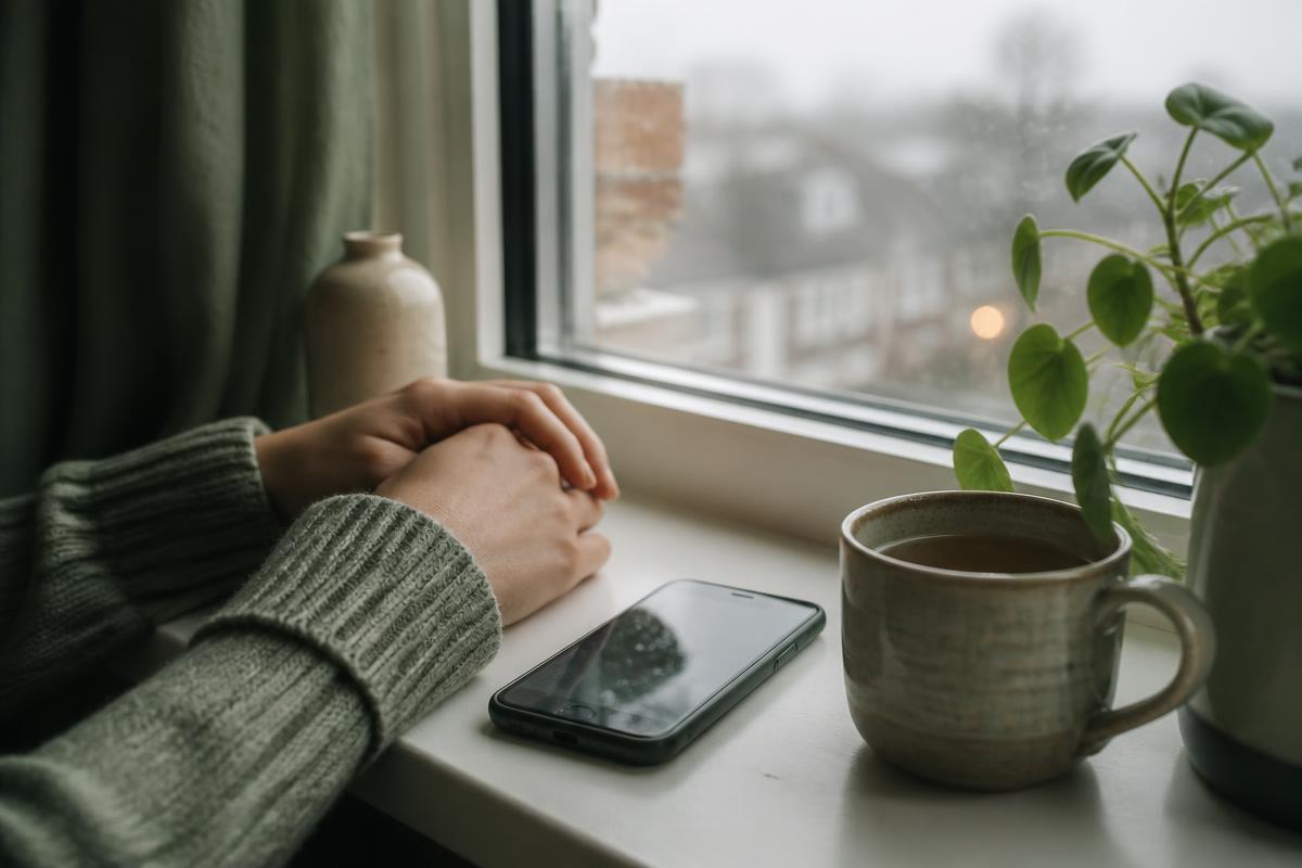 Hands resting on a windowsill beside a phone, a mug of tea and a small green plant in soft daylight