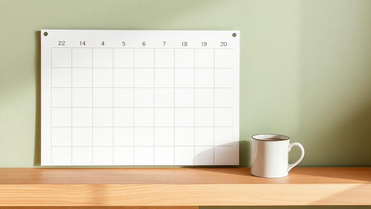 A blank wall calendar and a mug of tea on a wooden shelf in morning light